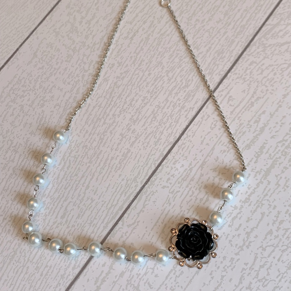 Black Rose and Pearl Necklace